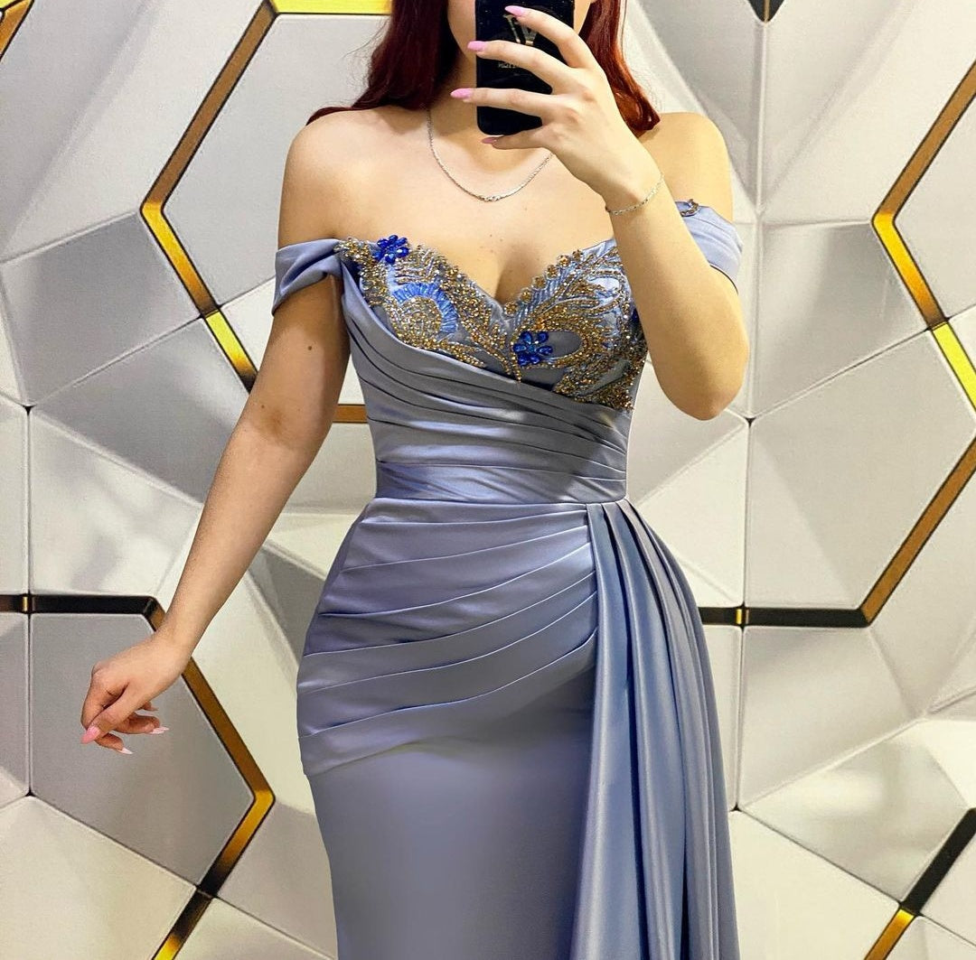 Glamorous Long Mermaid Off-the-shoulder Sequined Evening Prom Dresses With Ruffles