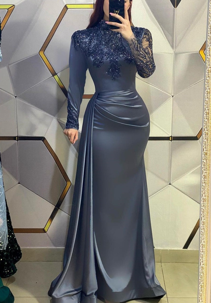Amazing Long Mermaid High Neck Sequined Evening Prom Dresses With Long Sleeves