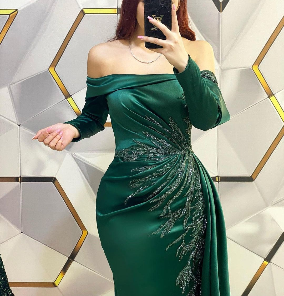 Modern Long Dark Green Mermaid Off-the-shoulder Lace Evening Prom Dresses With Long Sleeves