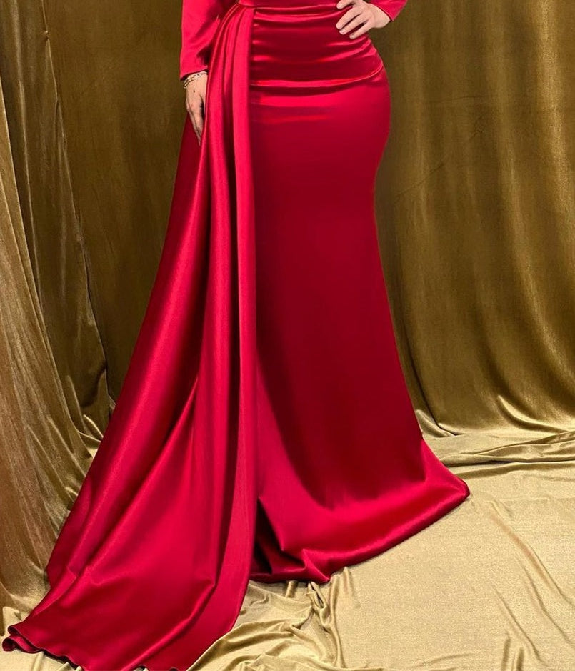 Charming Long Strapless Red Satin Mermaid Evening Prom Dresses With Long Sleeves