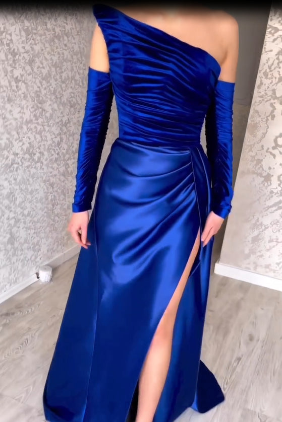 Fabulous Long Strapless A-Line Split Front Evening Prom Dresses With Long Sleeves