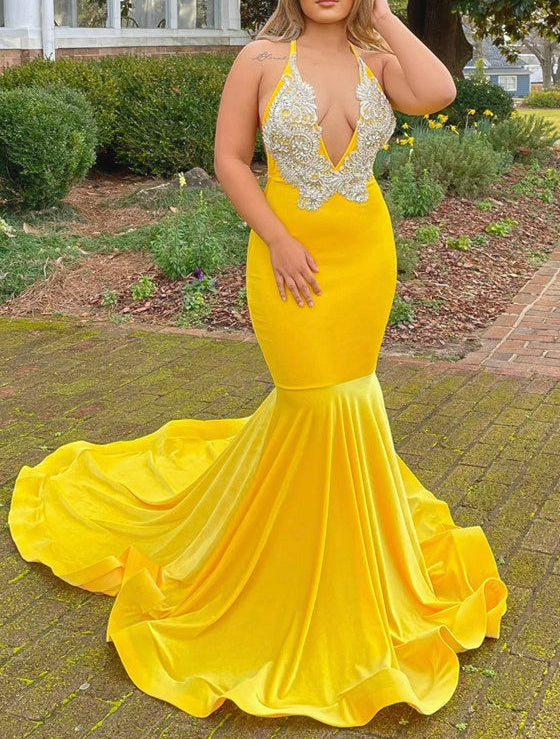 Yellow Appliques Lace V-Neck Spaghetti Straps Long Mermaid Prom Dress
