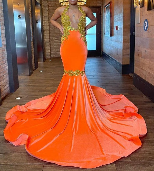 Charming Sleeveless Halter Backless Mermaid Prom Dress With Gold Beading