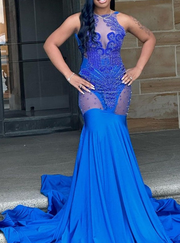 Glorious Royal Blue Lace Sleeveless Mermaid Prom Dress