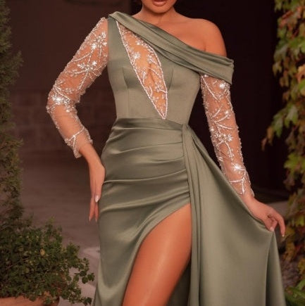 New Arrival One Shoulder Beading Split Graduation Dresses Long Prom Dresses With Long Sleeves