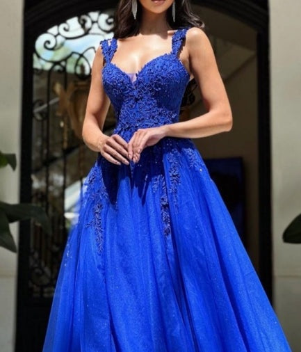 Royal Long Blue Sleeveless Prom Dresses A-line Lace Graduation Dresses
