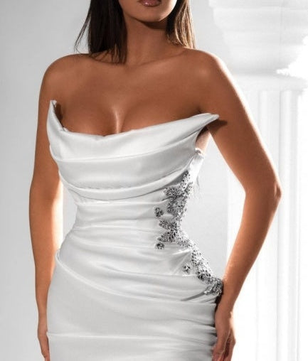 Classy Strapless Front Slit Floor Length Satin Prom Dress with Ruffles