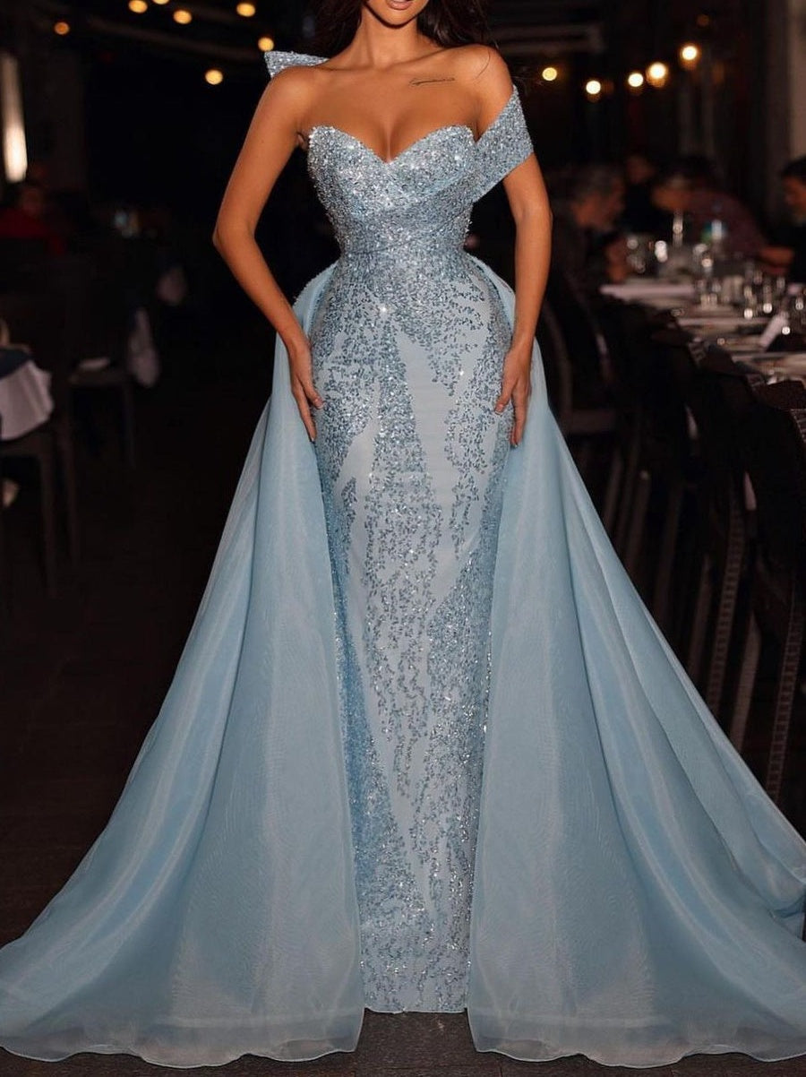 Gorgeous Long Blue A-line Off-the-shoulder Sleeveless Sequined Prom Dress With Detachable Train