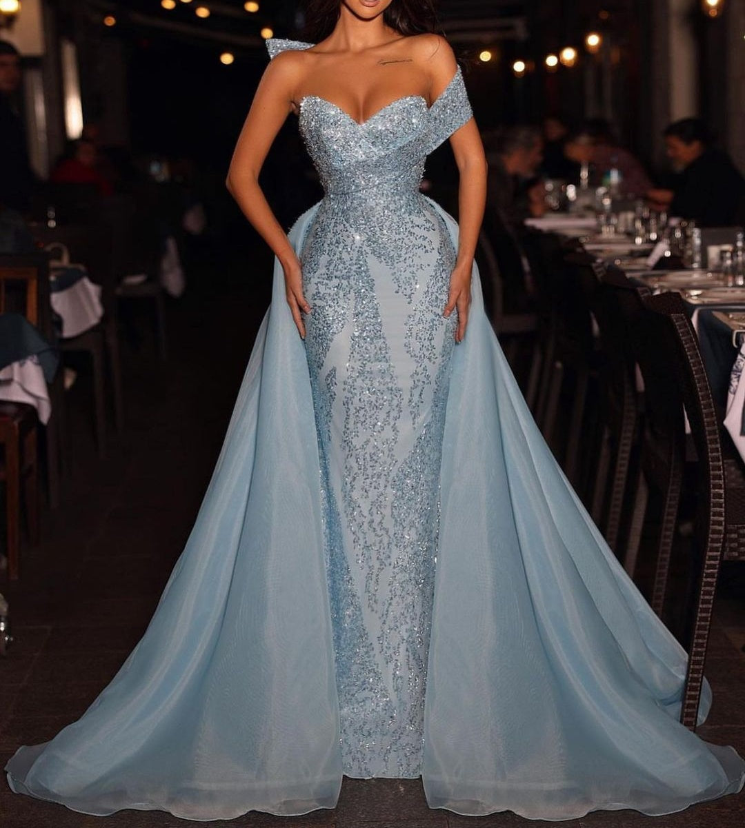 Gorgeous Long Blue A-line Off-the-shoulder Sleeveless Sequined Prom Dress With Detachable Train