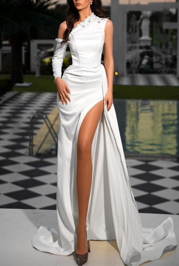Elegant Long White One Shoulder Sequins Prom Dresses Long Slit Online