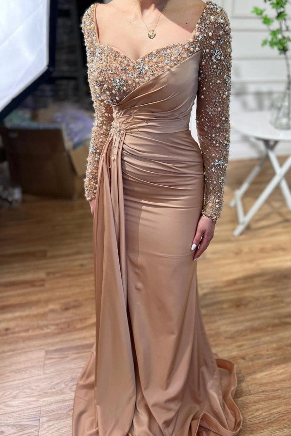 Elegant Long Mermaid Beading Prom Dresses With Long Sleeves