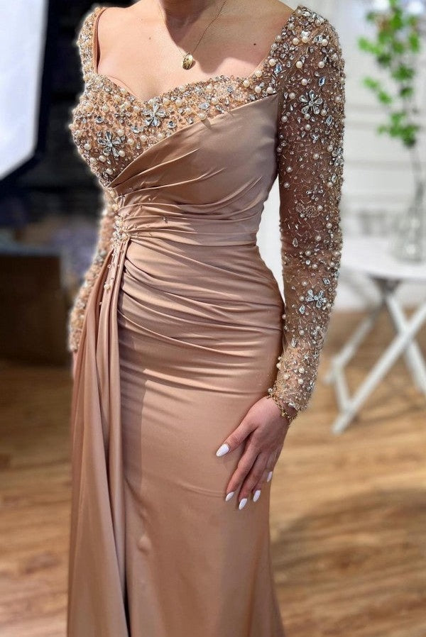 Elegant Long Mermaid Beading Prom Dresses With Long Sleeves