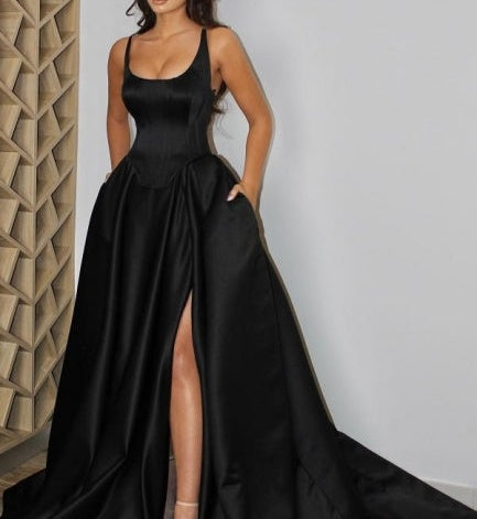 Modern Spaghetti-Straps Sleeveless Long Prom Dress With Front Split