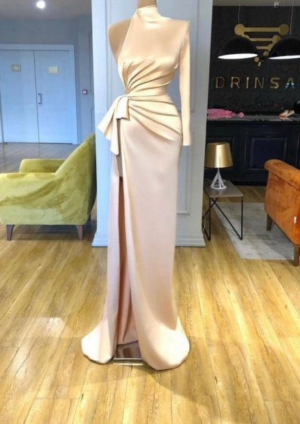 Charming High Neck Long Sleeves Prom Dresses Front Split Long