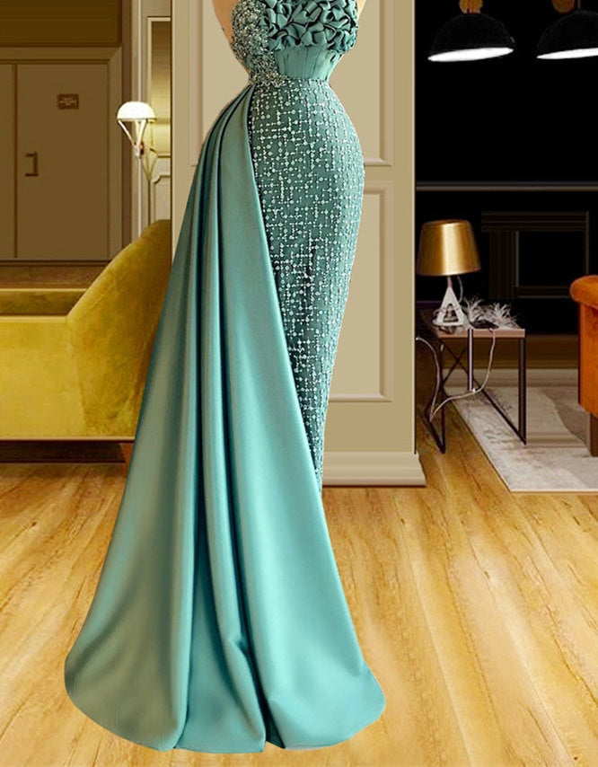 Elegant Long Green Mermaid Sleeveless Beading Prom Dresses With Ruffles Long