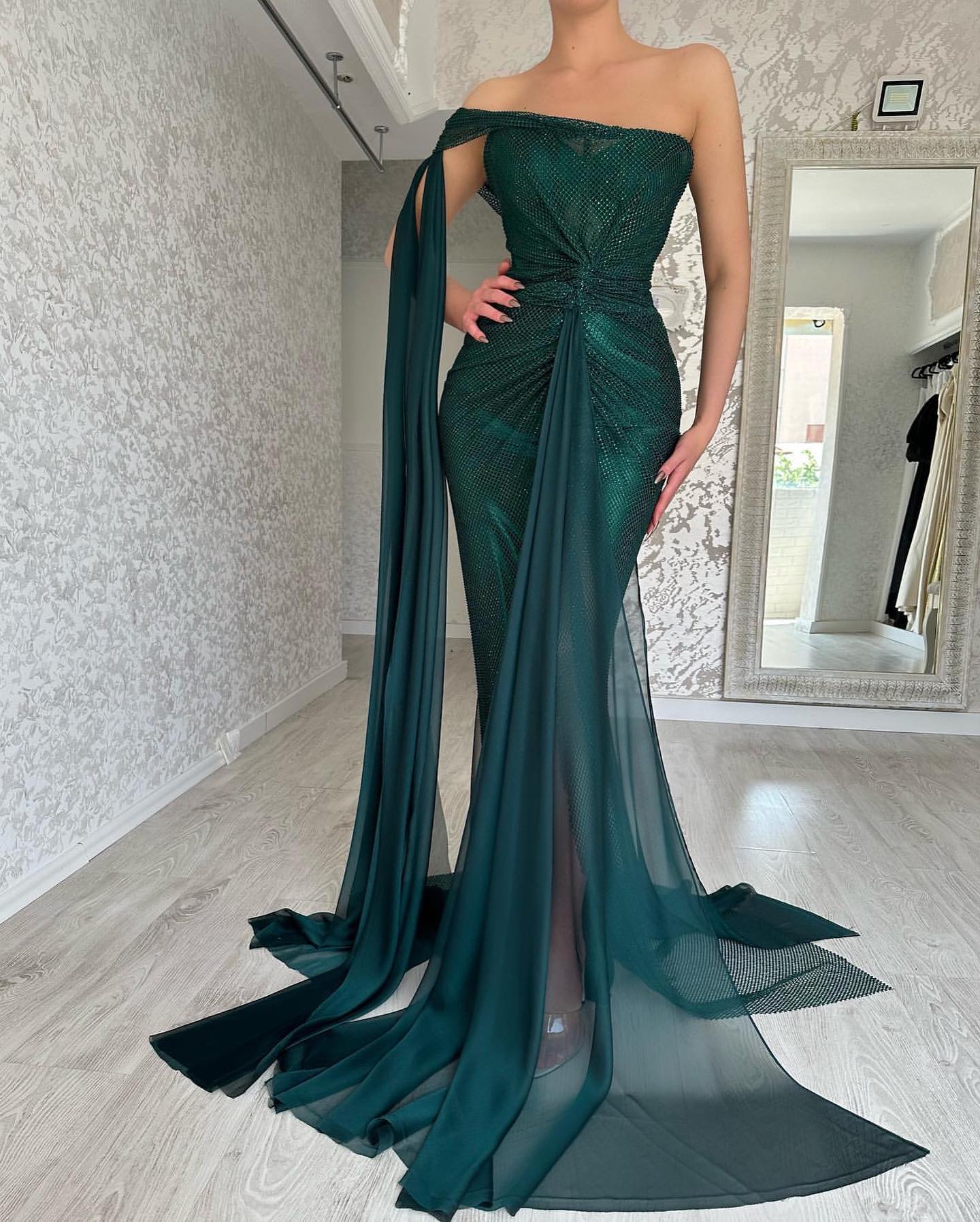 Classy Long Dark Green Mermaid Sleeveless Prom Dresses Long Slit Online