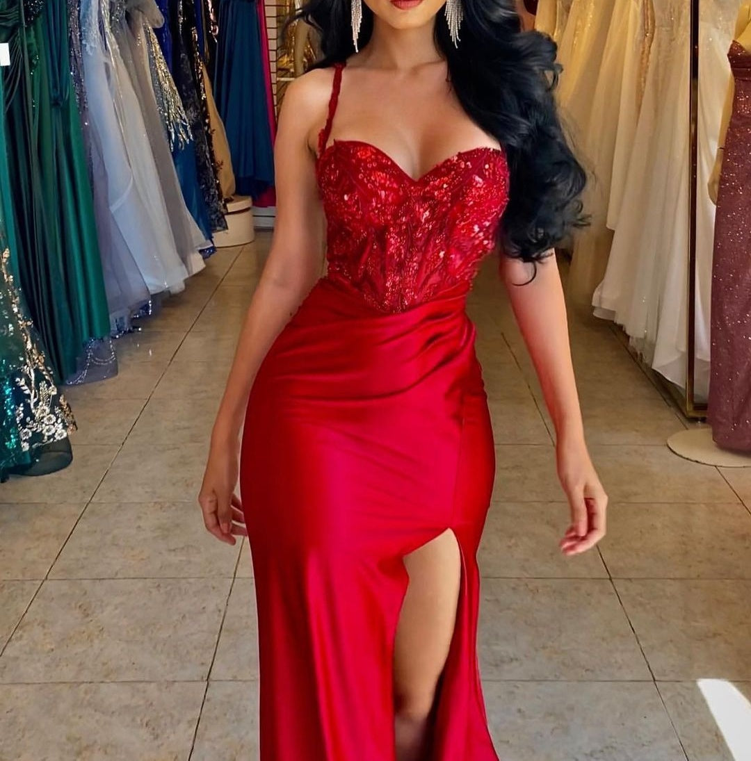 Elegant Long Red Spaghetti Straps Sequins Lace Sleeveless Prom Dresses Long Slit Online
