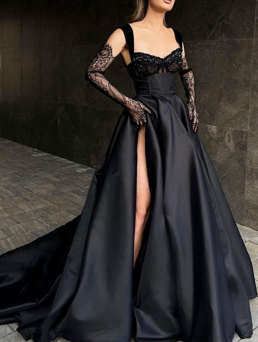 Elegant Long Black Lace Sleeveless Prom Dresses Long Slit Online