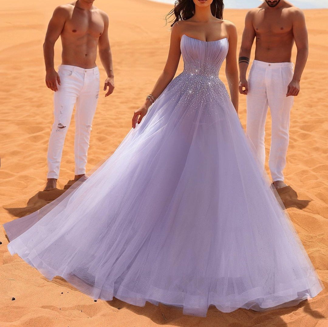 Charming Long Lilac Sleeveless Crystals Tulle Prom Dresses