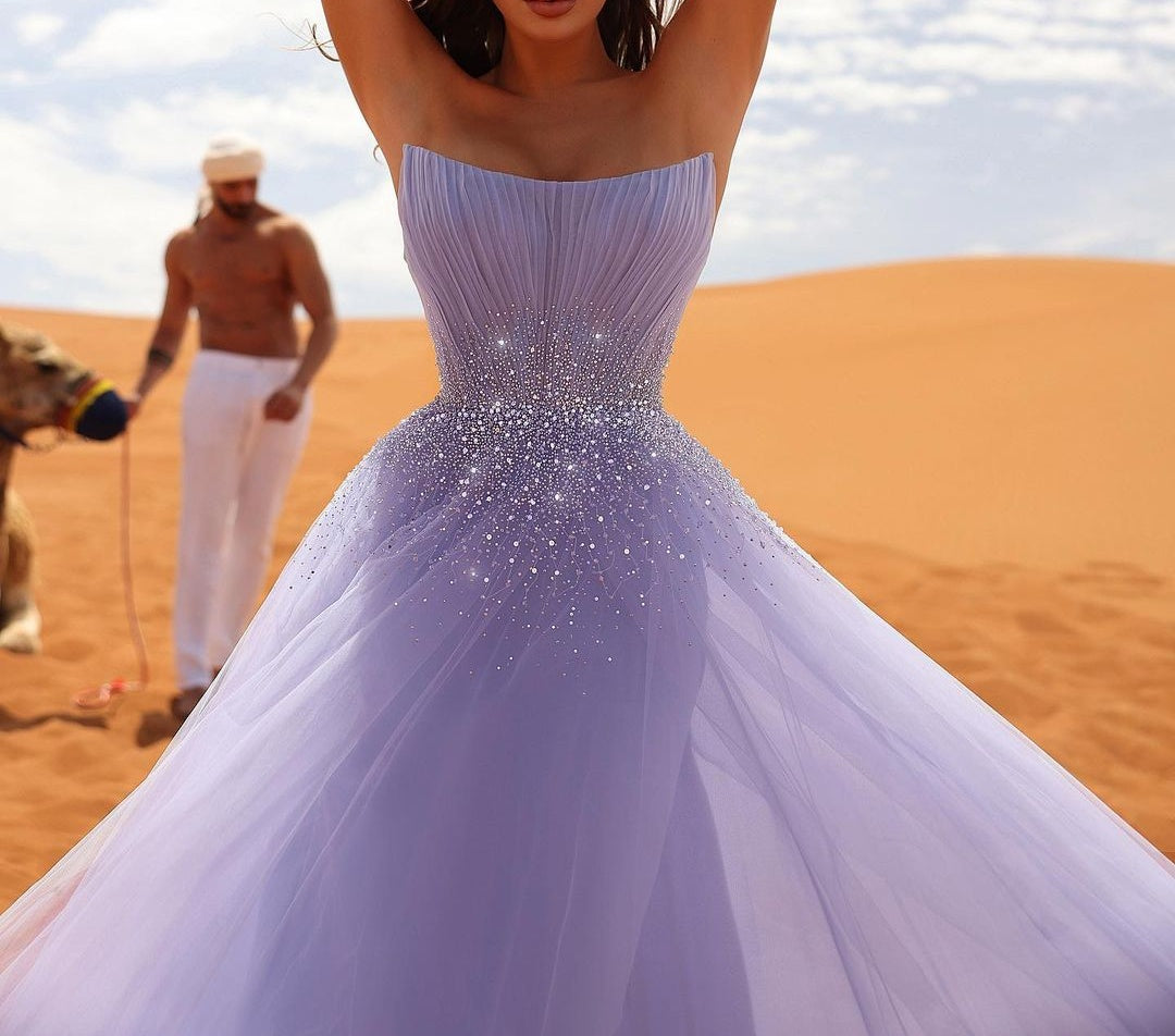 Charming Long Lilac Sleeveless Crystals Tulle Prom Dresses
