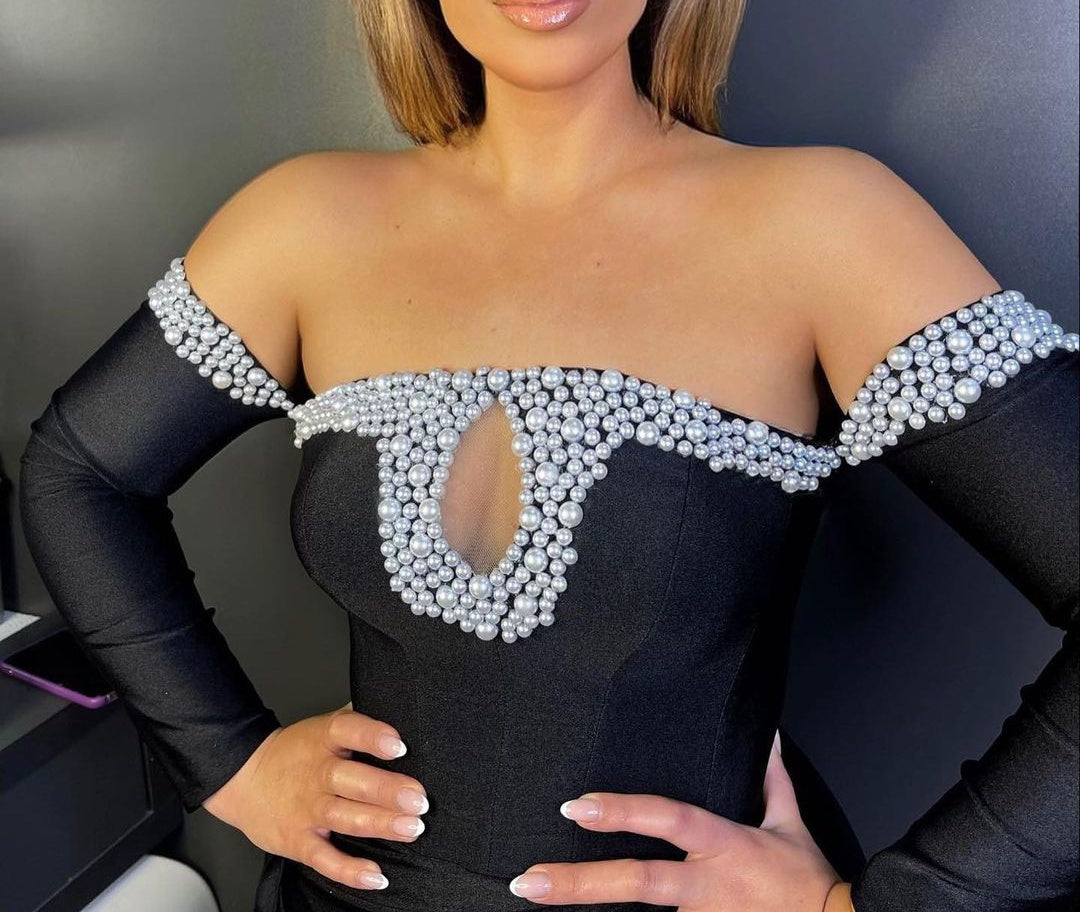 Chic Black Long Sleeves Mermaid Prom Dresses with beads
