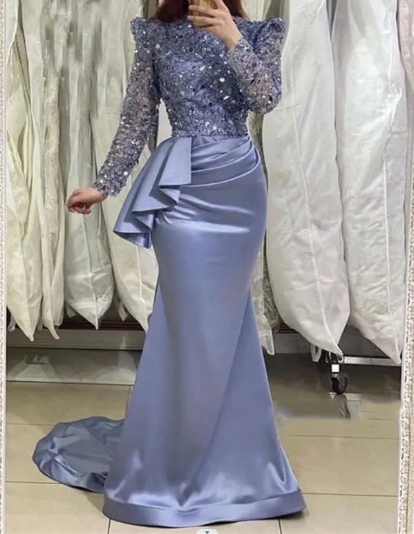 Charming Lavender Long Mermaid High Neck Beading Prom Dresses With Long Sleeves