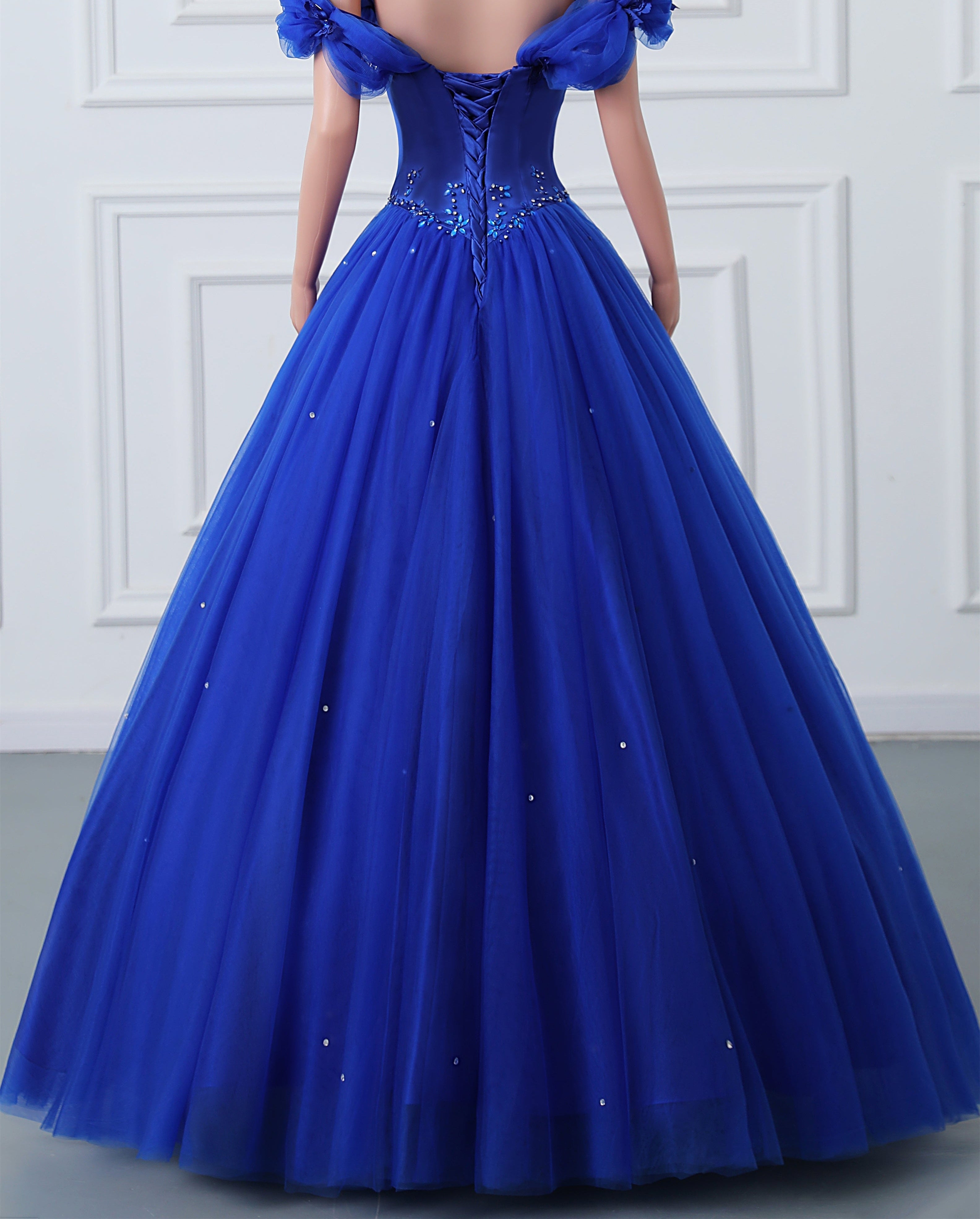Royal Blue Off-the-shoulder Sweetheart Beaded Flowers Ball Gown Tulle Prom Dresses