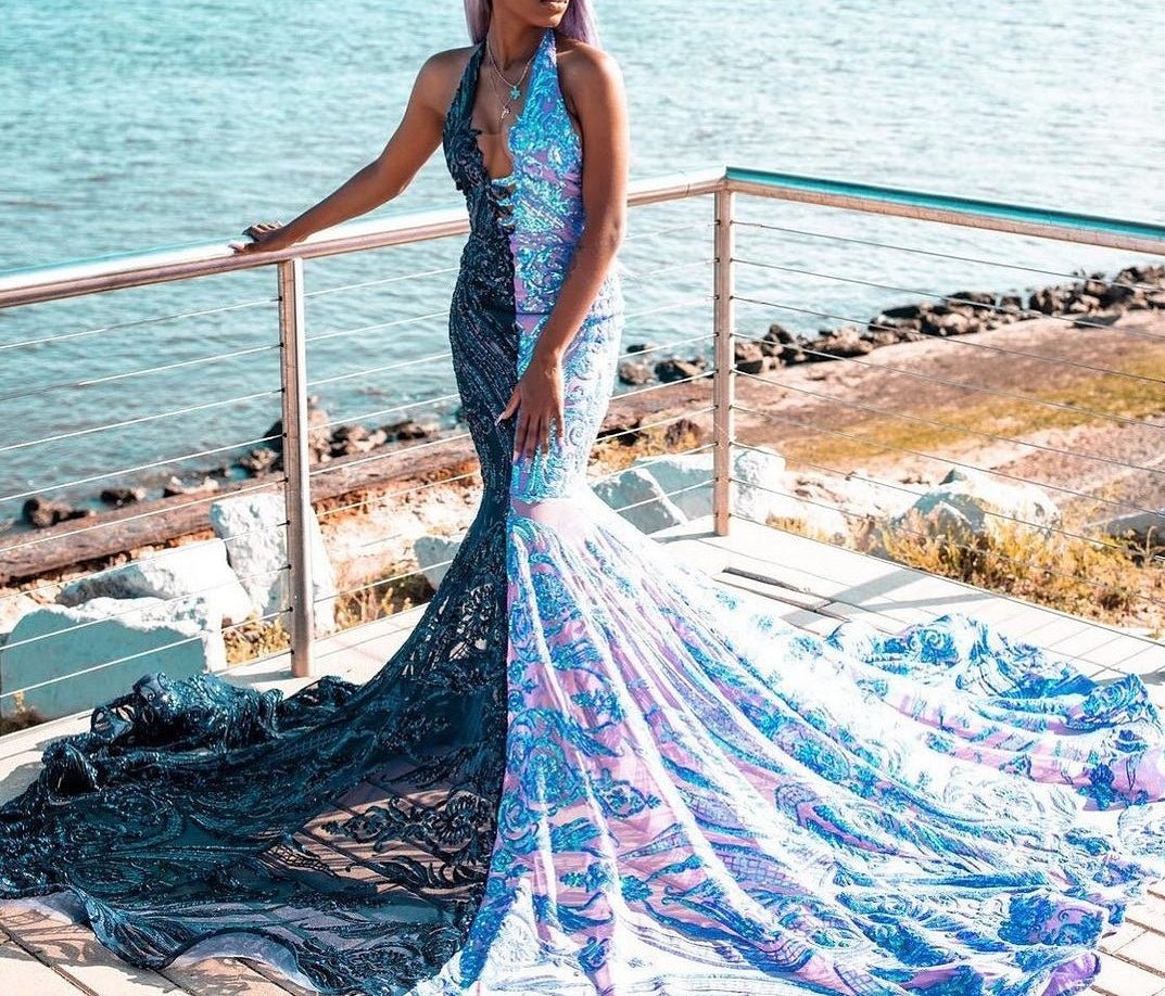 Halter V-neck Sleeveless Court Train Half Navy Blue Prom Dresses