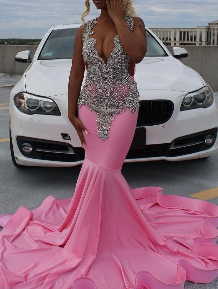 Elegant Pink Mermaid Court Train Prom Dresses wth Silver Beads