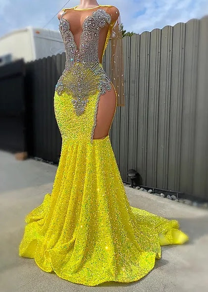 Round neck Silver Beaded Mermaid Yellow Sequin Prom Dresses
