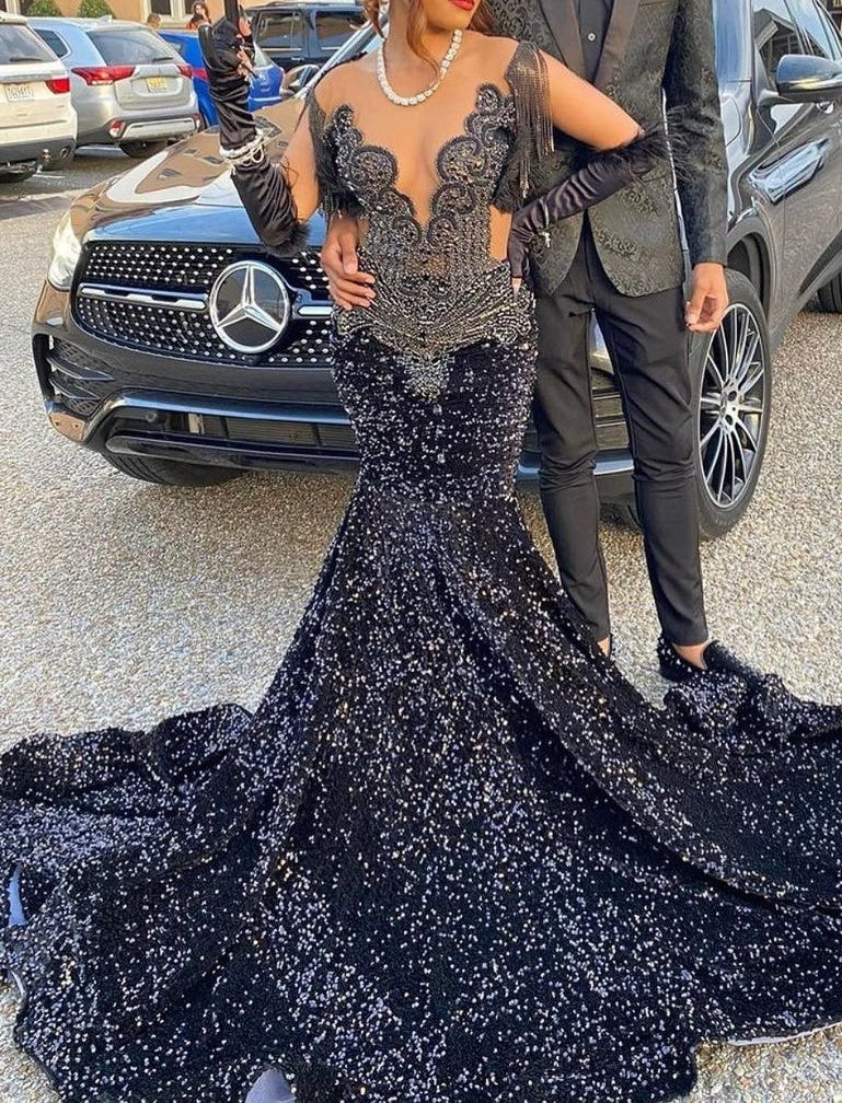 V-neck Beaded Sequined Mermaid Long Prom Dresses