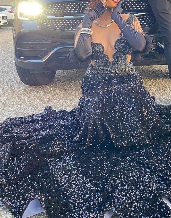 V-neck Beaded Sequined Mermaid Long Prom Dresses