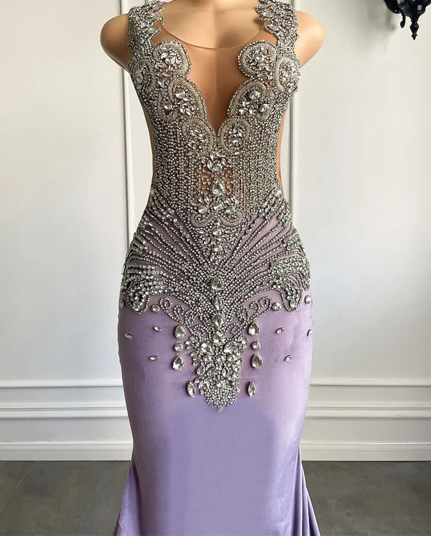 Lilac Mermaid Prom Dress with Scoop Neckline Sleeveless and Crystal Beadings