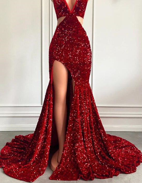 ombreprom Red Sequins Prom Dress High Slit Halter