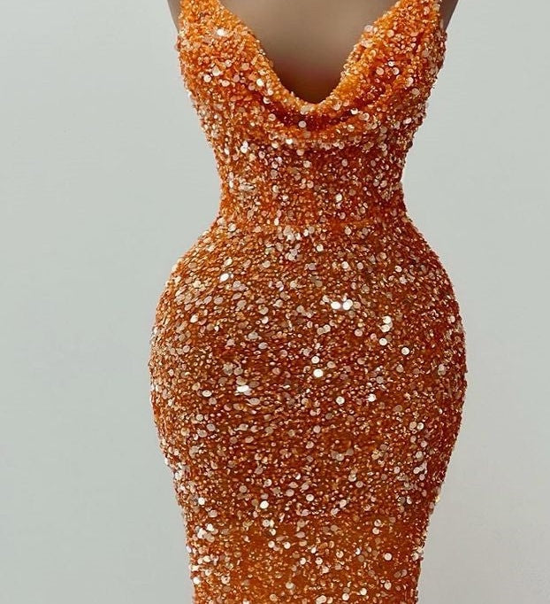 Stunning Orange Spaghetti-Straps Prom Dress Mermaid Sequins Sleeveless