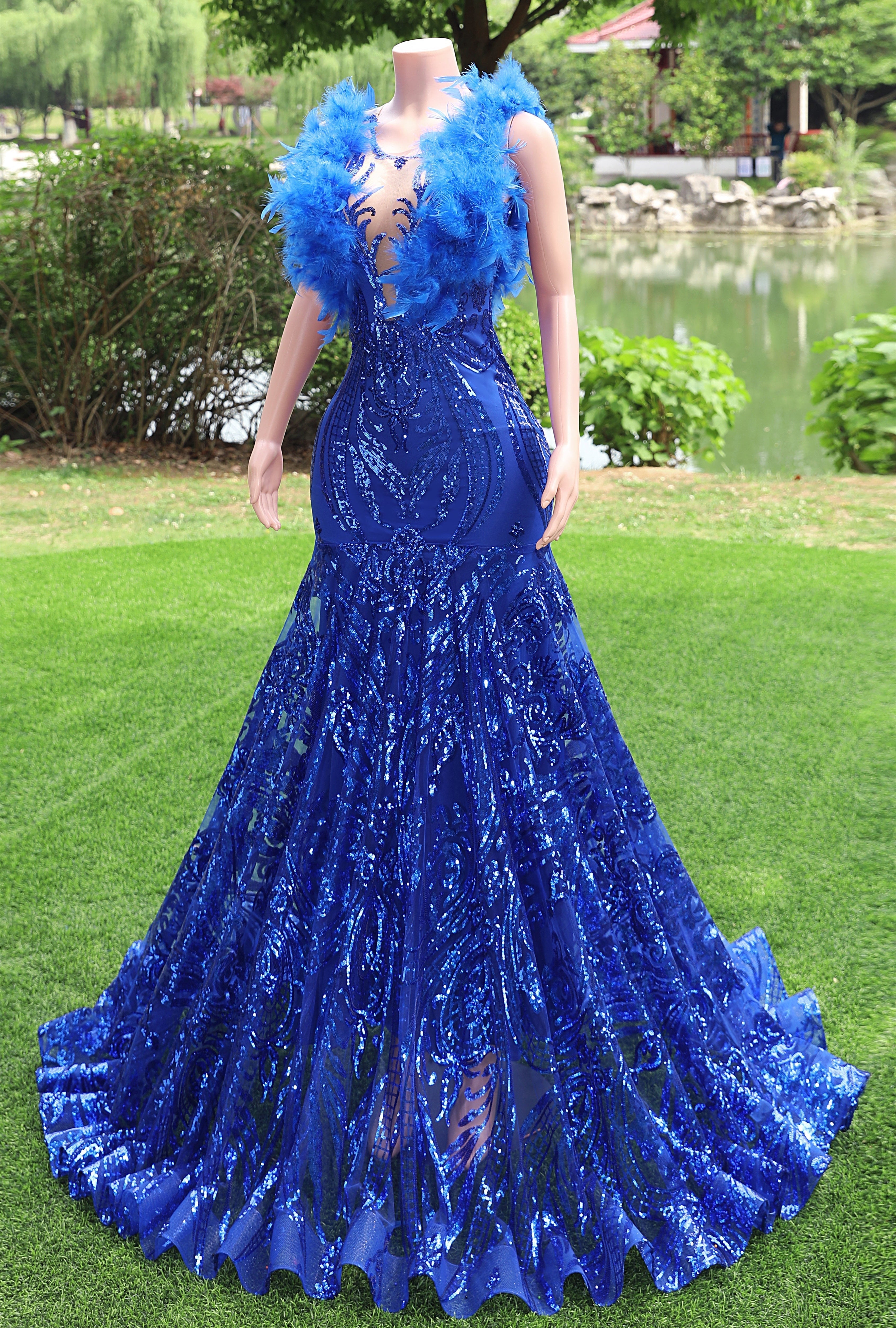 V-neck Royal Blue Feathers Sparkle Sequin Sleeveless Prom Dresses
