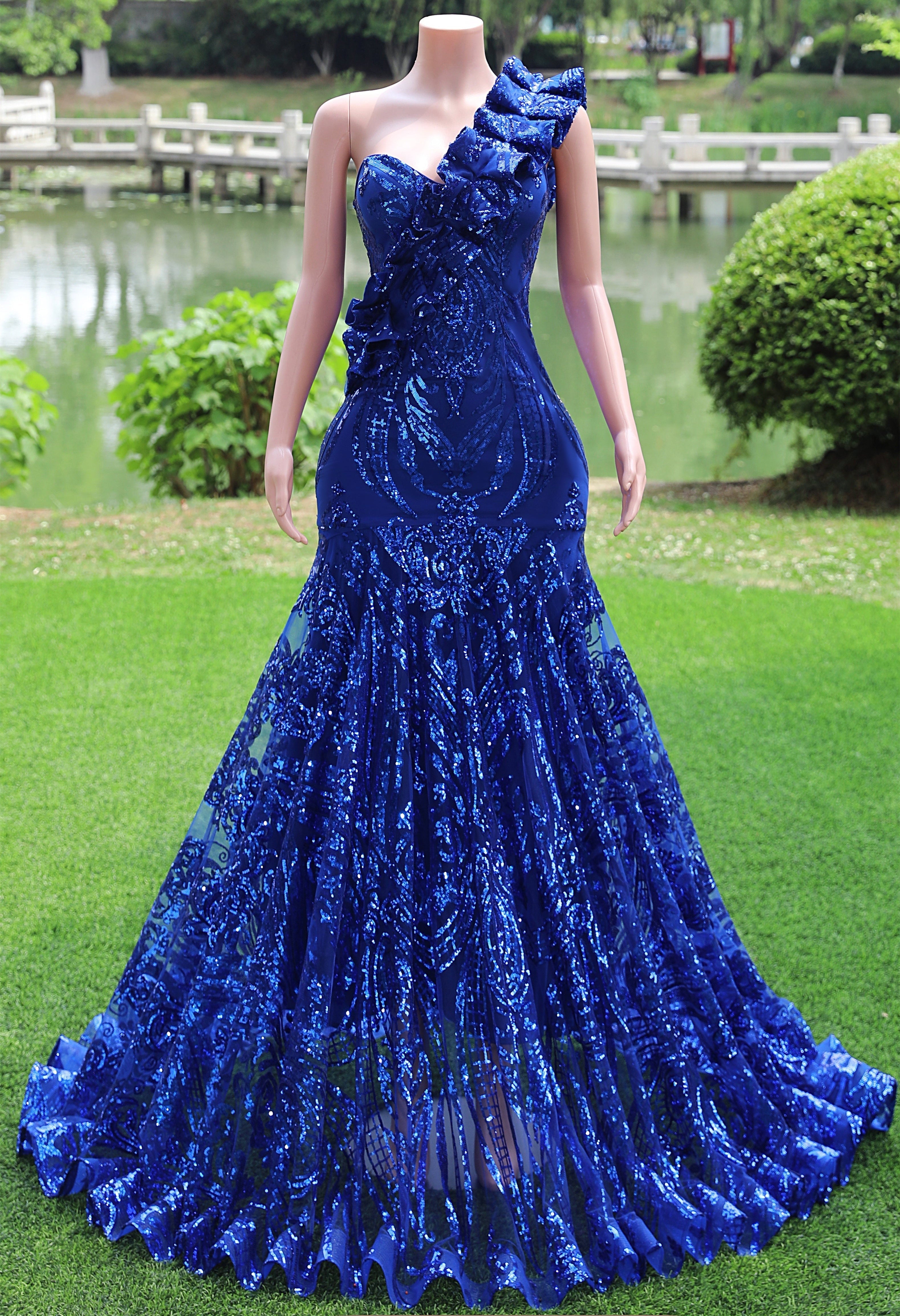 royal blue prom dresses one shoulder Mermaid Glitter One-Shoulder Backless Prom Dress With Sequins PSK386 US18 / Royal Blue