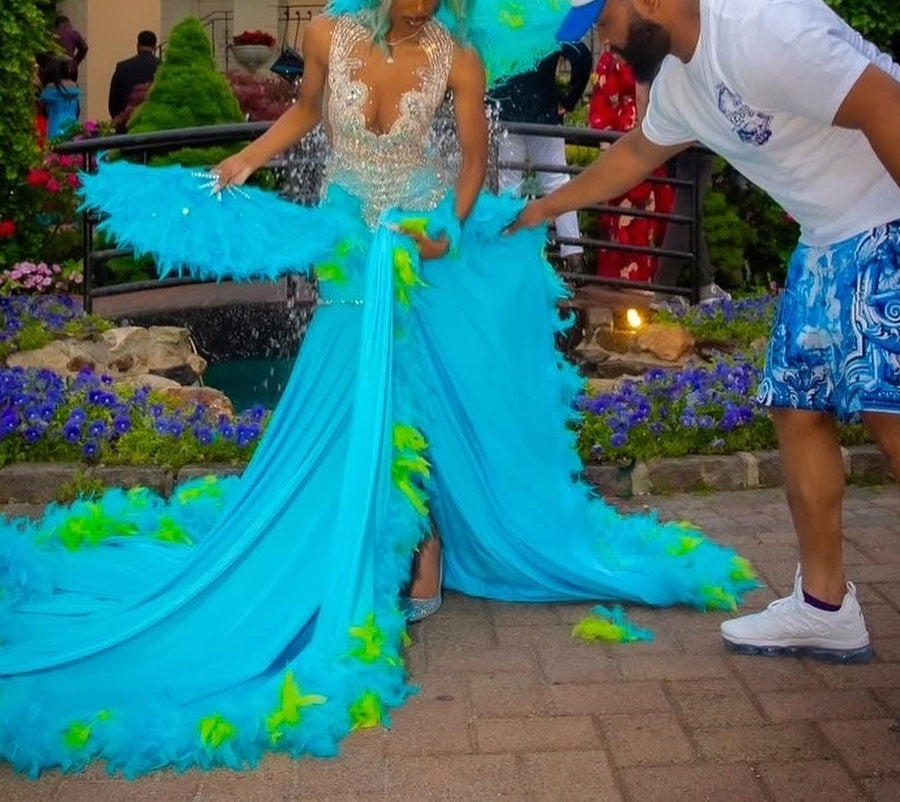 Elegant Blue Silver Sequined Feathers Mermaid Long Prom Dresses