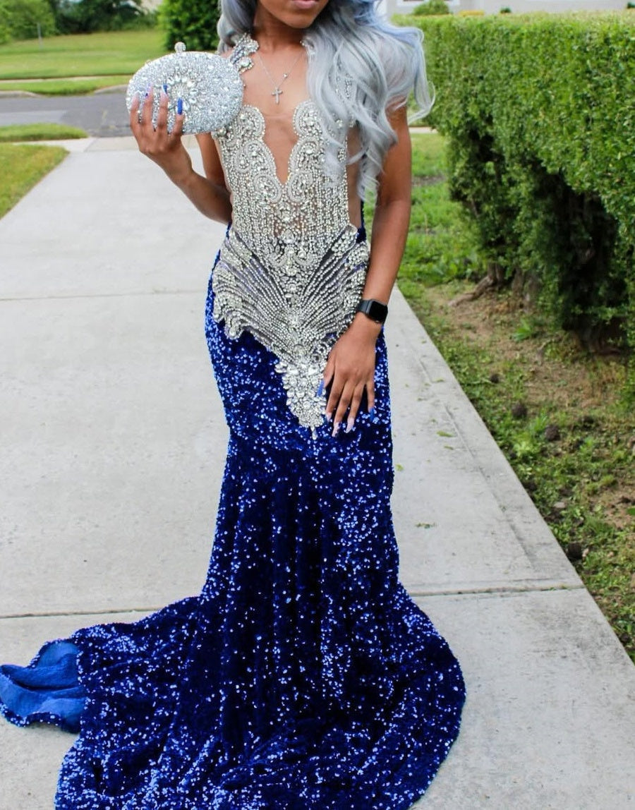 Silver Beaded Royal Blue Court Train Mermaid Sequin Long Prom Dresses