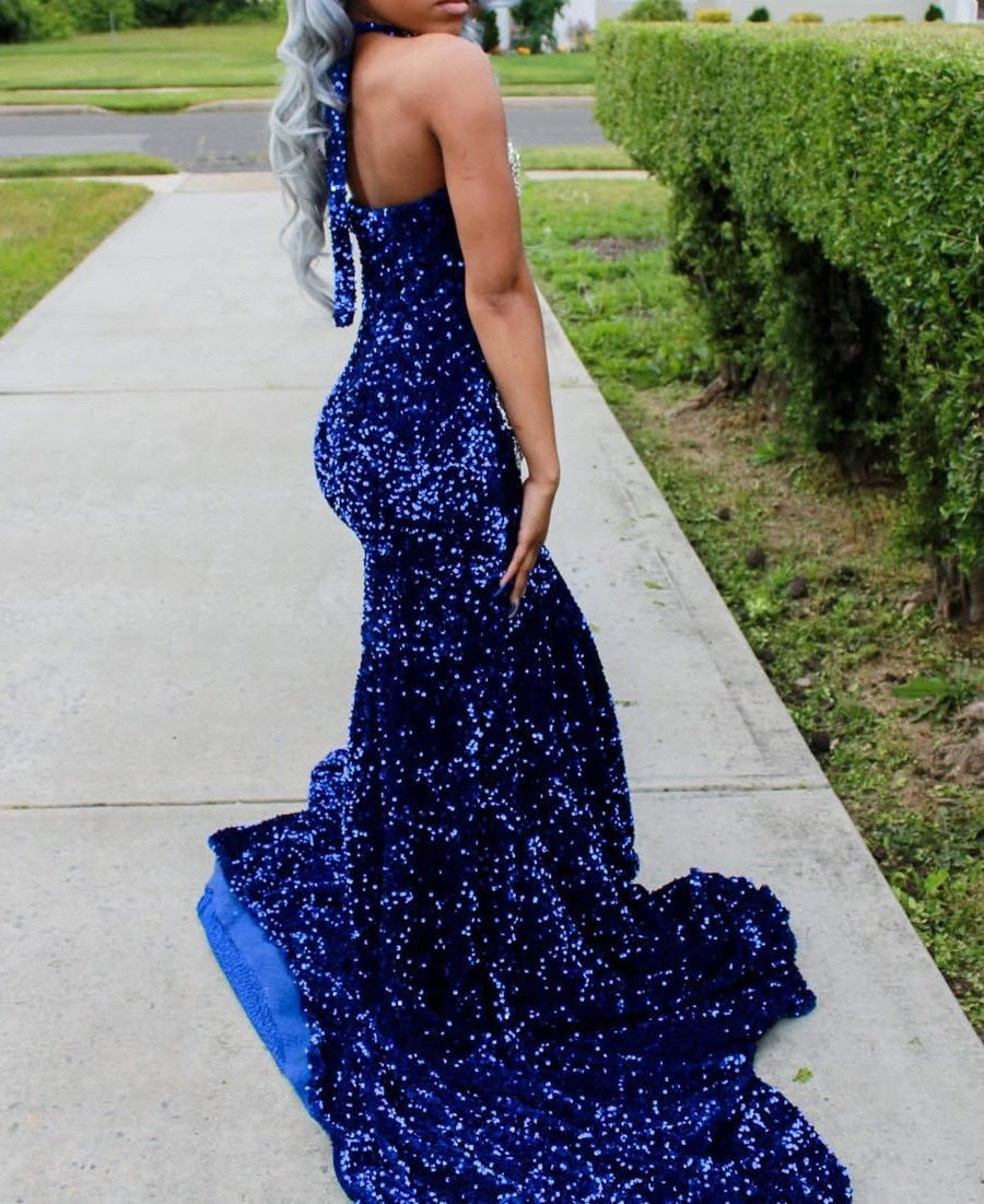 Silver Beaded Royal Blue Court Train Mermaid Sequin Long Prom Dresses