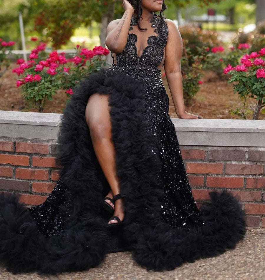 Black Keyhole Feathers High Split Mermaid Sequin Prom Dresses