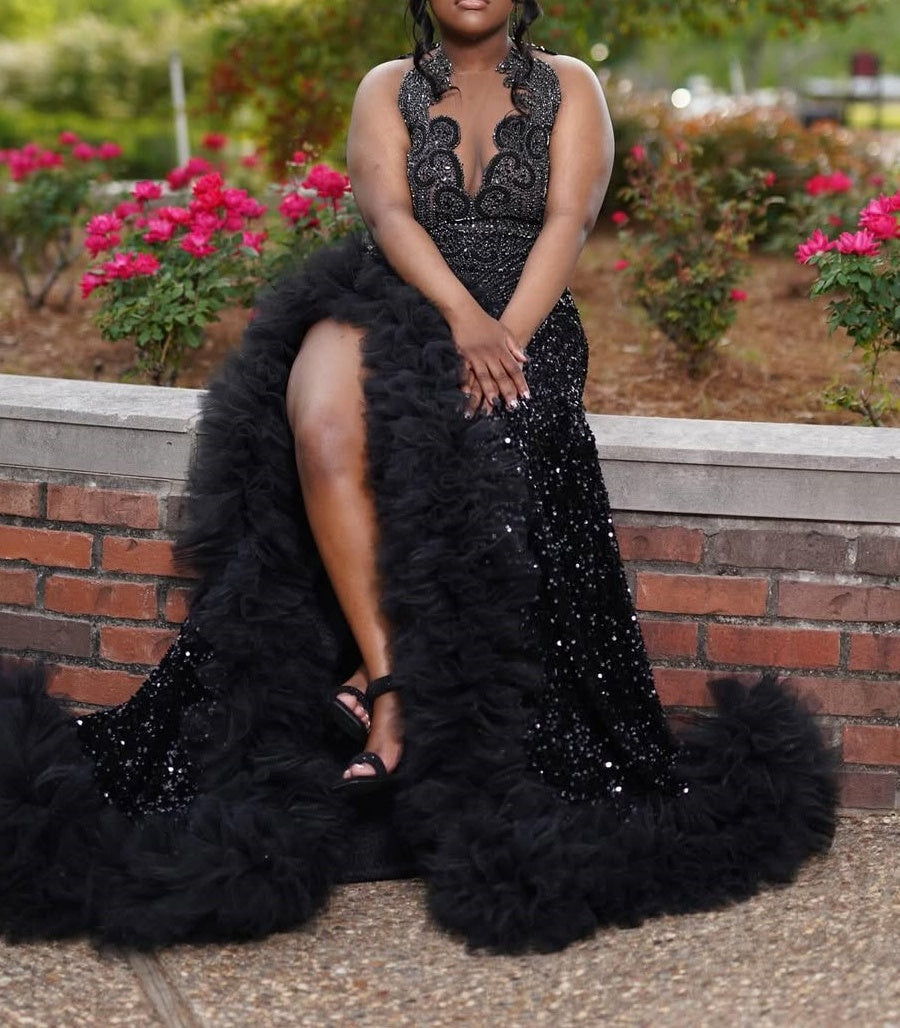 Black Keyhole Feathers High Split Mermaid Sequin Prom Dresses