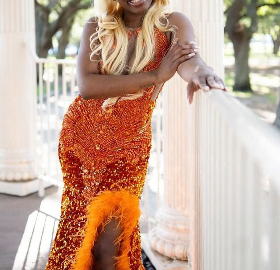 Orange Sleeveless Beaded Sequin Feathers Prom Dresses