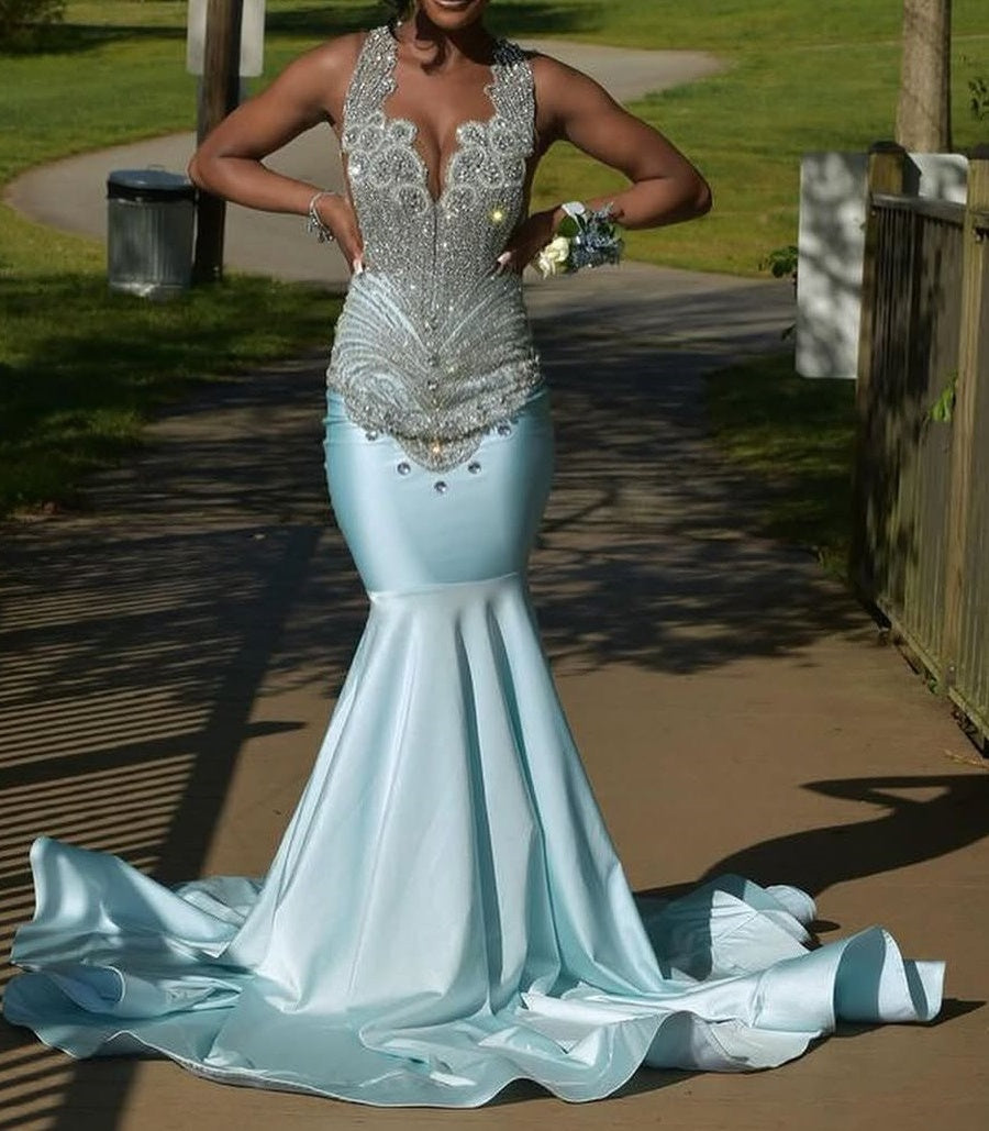 Sky Blue Silver Beaded Satin Mermaid Sleeveless Long Prom Dresses