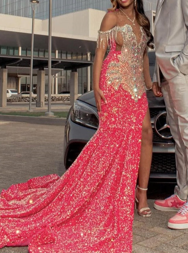 Off the shoulder Silver Beaded Pink Mermaid Court Train Prom Dresses