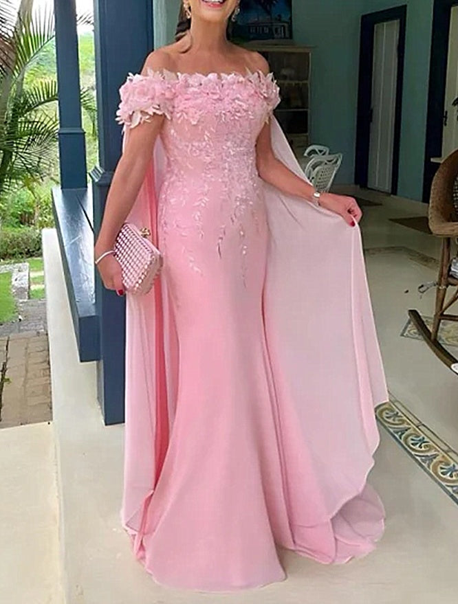 Pearl Pink Off the shoulder Cap sleeves Column Flowers Prom Dresses
