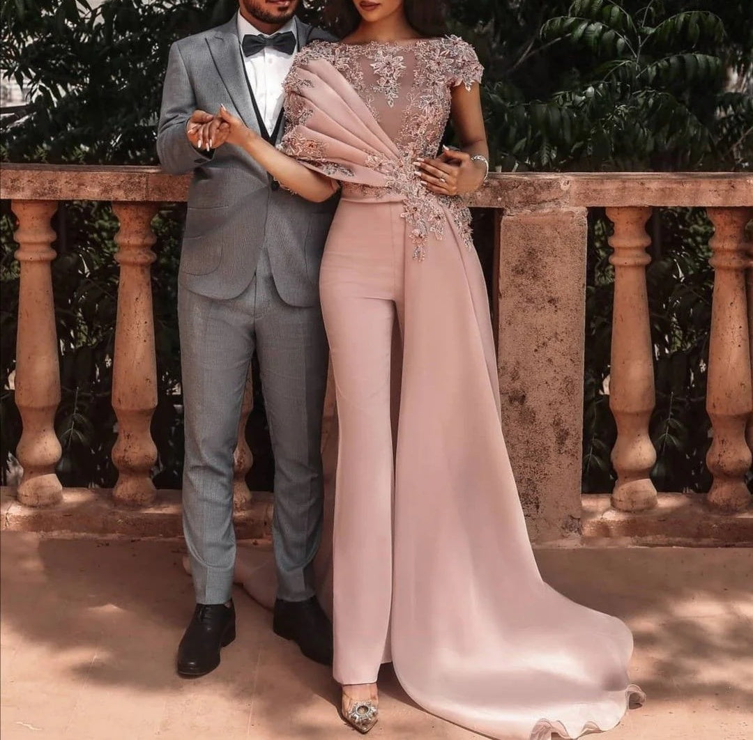 Unique Long Dusty Pink Cap sleeves Beaded Prom Pants