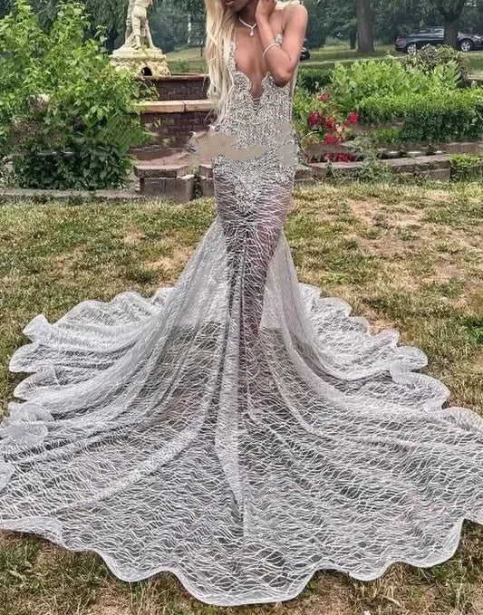 Silver Deep V-neck Sleeveless Mermaid Sparkle Court Train Prom Dresses