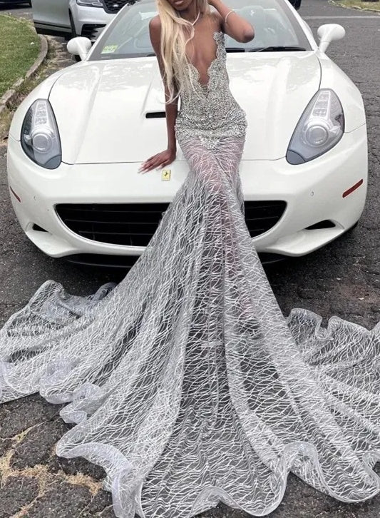 Silver Deep V-neck Sleeveless Mermaid Sparkle Court Train Prom Dresses