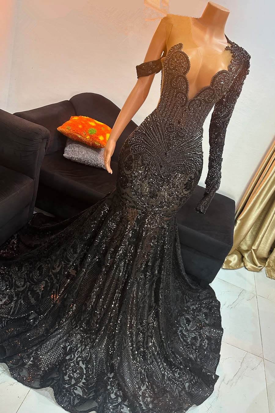 Unique Black Cap sleeves Beaded Mermaid Court Train Prom Dresses